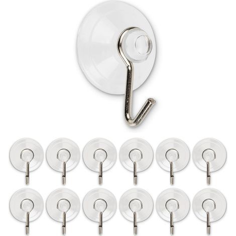 12 x Crochets à ventouses, Diamètre Ø 20 mm, Transparents, Avec crochet métallique pour salle de bain, cuisine, carrelage mural, verre, miroir, Usage universel, Sans perçage ni collage, 12 x Ventouse (1/5)