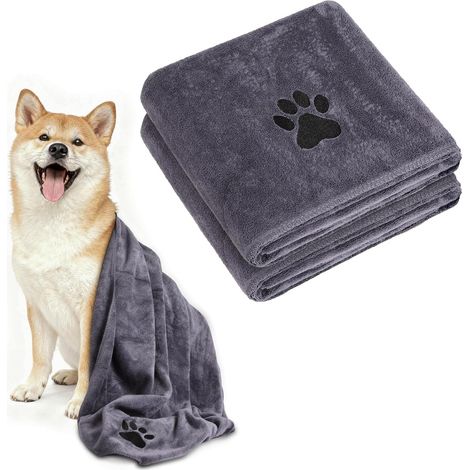 2-teiliges, extra saugfähiges Hundehandtuch-Set, 100 x 50 cm, mittelgroßes Hundebadetuch, Mikrofaser-Hundehandtücher, weiche Hundehandtücher zum Baden, Schwimmen und für Regentage, Grau (1/5)