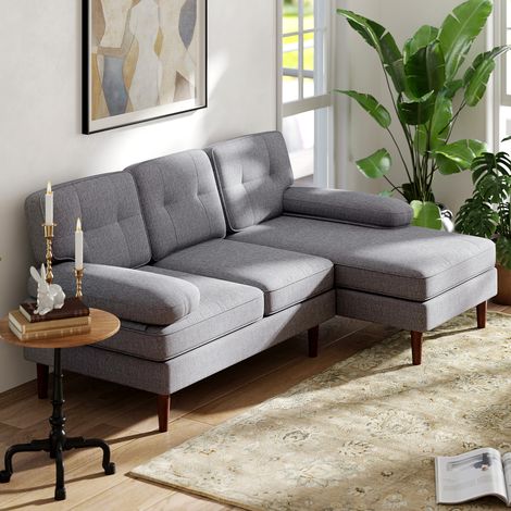 Sofá Esquinero de 3 Plazas Tapizado en Chenilla en Forma de L con Patas de Madera y Reposabrazos 215x142x88 cm Gris (1/5)