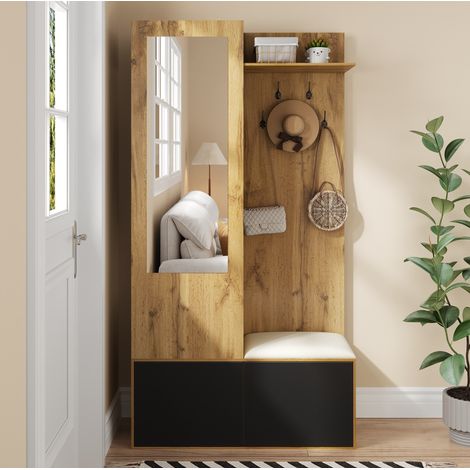 Recibidor con espejo, banco y zapatero 100x38x191 cm negro y madera FloraGrace (1/5)