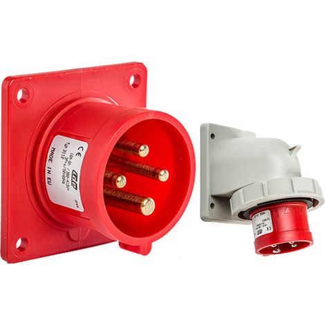 Prise mâle 3P+T 32A étanche IP44 ou IP67 à encastrer sur coffret - Étanche IP67 ou IP44 - IP44 - Embase mâle 3P+T - 32A - 380V (1/3)
