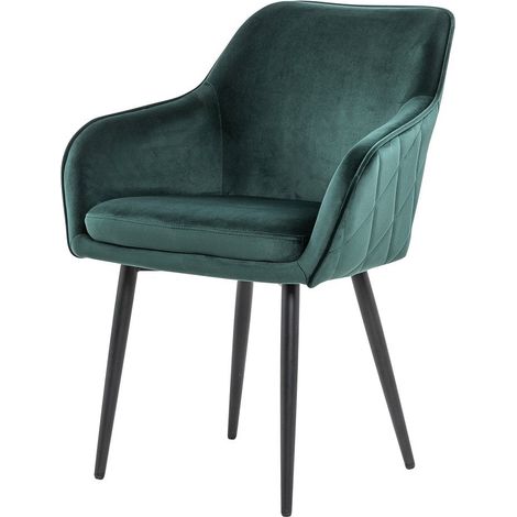 Chaise de salle à manger en velours vert pin avec accoudoirs et pieds en métal noir - PANGIVO (1/5)