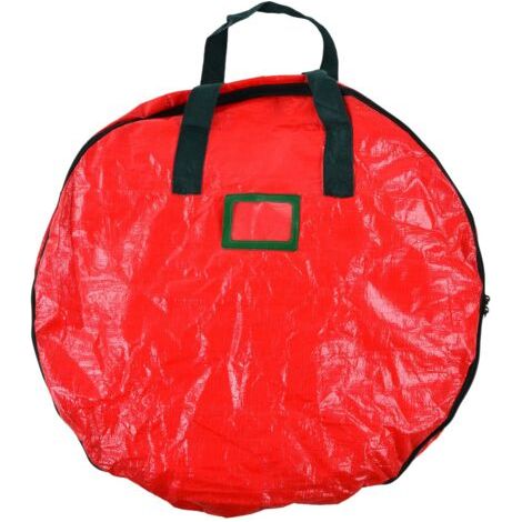 Bolsa de almacenamiento para coronas navideñas, bolsa redonda roja de tela tejida de PE a prueba de polvo para el hogar, fiestas y oficinas. (1/4)