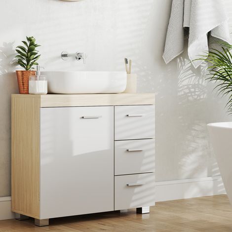 Vasagle – Meuble bas de salle de bain 3 tiroirs latéraux – 2 compartiments – Dimensions 30 x 70 x 64 cm – MDF blanc nuage et beige naturel (1/5)