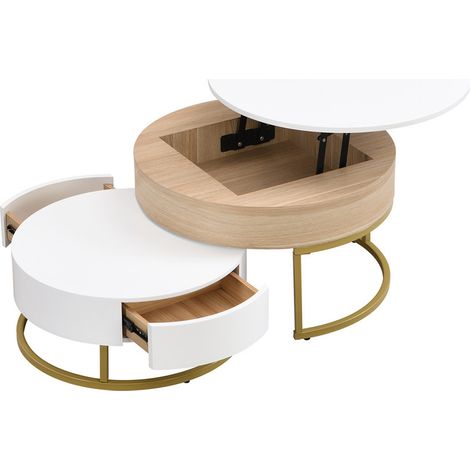 Fortuna Lai – Lot de 2 tables basses gigognes – Grande table avec plateau relevable – Petite table avec 2 tiroirs – MDF blanc – Design moderne