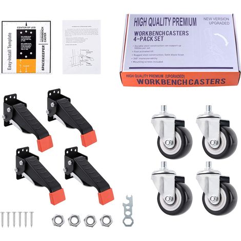 Kit de roulettes pour établi avec plaque de montage amovible et ensemble de roulettes rétractables (1/4)