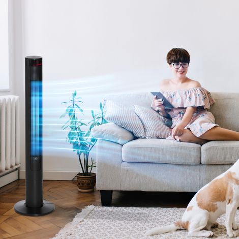 Ventilateur tour silencieux avec télécommande, 117 cm, oscillation à 70°, sur pied, 4 modes, 3 vitesses, minuterie 12 heures, affichage LED, noir