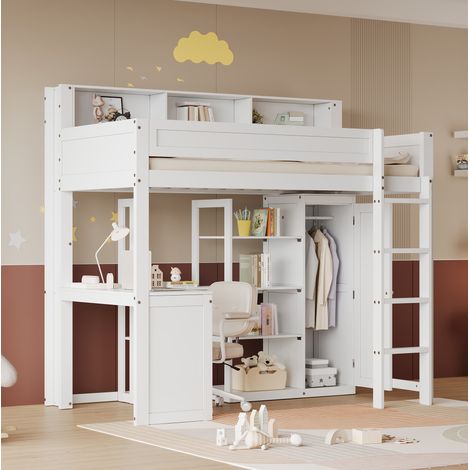 Etagenbett 90x200 cm bianco con scrivania, armadio e spazio contenitore (1/5)