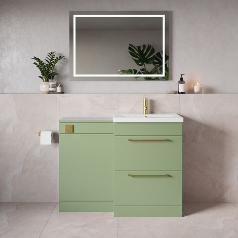 Napoli 390 Olive Green 1100mm 2 Drawer Vanity Unit Toilet Suite with Glide Basin - 1100mm - Brushed Brass 320mm HandleWithout Kingston Toilet Pan