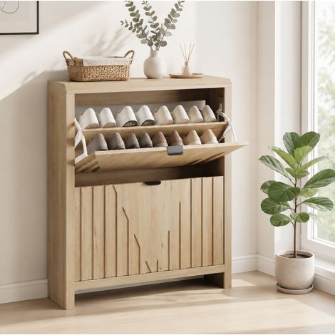 Zapatero 80x24x95 cm de MDF melaminado acabado roble, 2 abatibles – MEUBLIV (1/5)