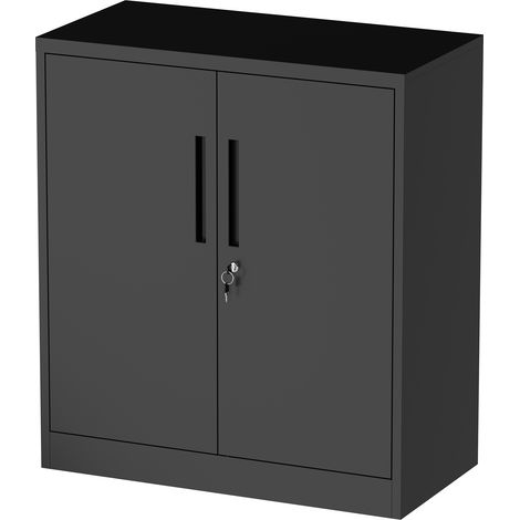 Armoire de rangement métallique avec deux portes verrouillables et deux étagères réglables, petite armoire en acier anti-basculement pour garage et usage domestique, noire, à monter soi-même. (1/5)