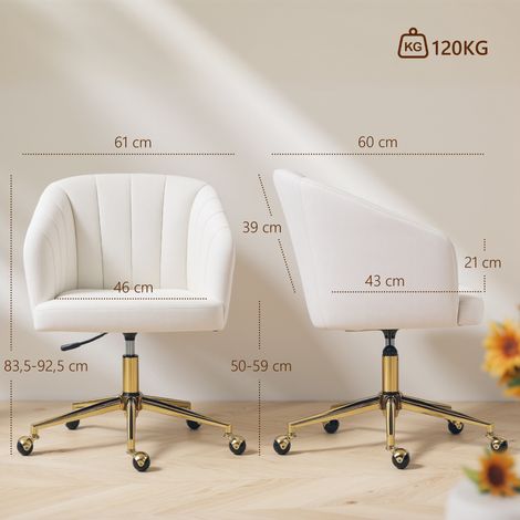 Chaise de bureau aspect velours, rembourrage en mousse, réglable en hauteur, roulettes, piètement en acier, blanc crème (1/5)