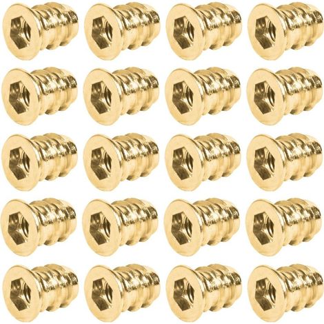Paquete de 20 casquillos roscados de acero – Rosca M6 x 15 mm – Acabado cromado amarillo – Accionamiento hexagonal SW6 para madera dura (1/2)