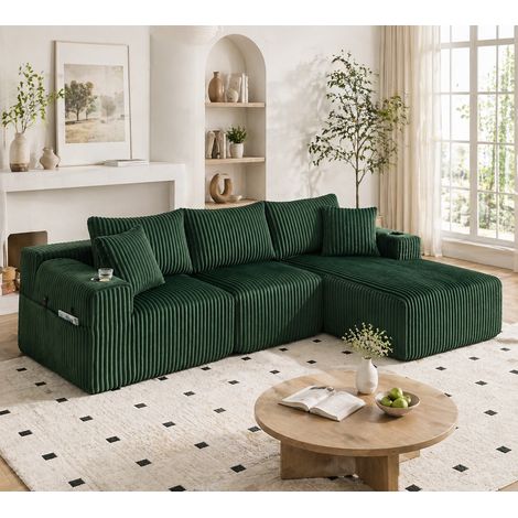 Ensemble canapé modulable avec méridienne et canapé 2 places, 5 coussins, poches latérales, porte-gobelets, mousse haute densité, velours côtelé vert (1/5)