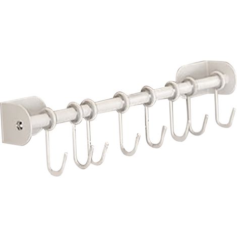 Barre de rangement murale adhésive en acier inoxydable 201 avec 8 crochets pour spatules, cuillères, casseroles et poêles - Blanc - 40 cm