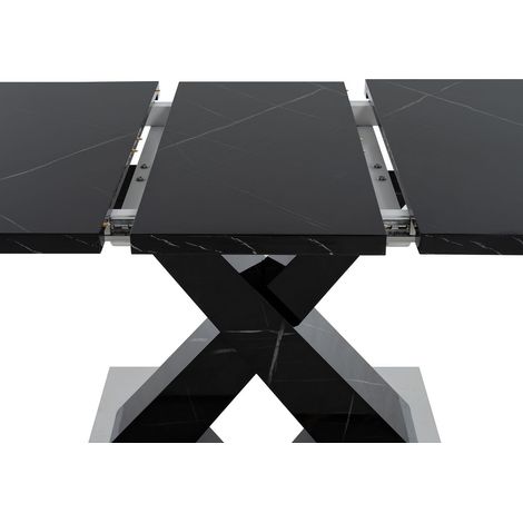 Table à Manger 120CM-160CM format rectangulaire extensible plateau imprimé effet marbre noir pied en MDF en forme de X base en métal (1/2)