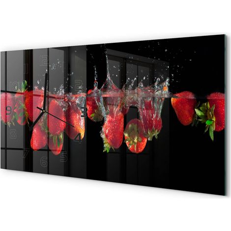 Horloge Murale Sans Tic-Tac 60x30 cm Verre Trempé Design Panoramique Fraises sous l'eau (1/5)
