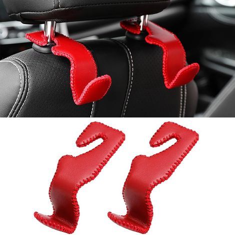 Lot de 2 crochets de dossier de siège auto en cuir de qualité supérieure, fixations durables pour appuie-tête, accessoires intérieurs de voiture, crochet pour sac à main (rouge) (1/5)