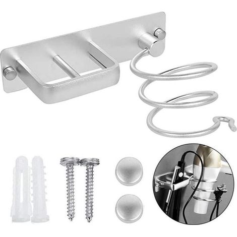 Wand-Haartrockenhalter aus Aluminium mit integrierter Halterung für Glätteisen und Kabelmanagement. (1/4)