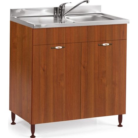 Base sottolavello cucina 80x50x85 cm in legno noce antico con due ante e lavello a vasca singola - Adige (1/4)