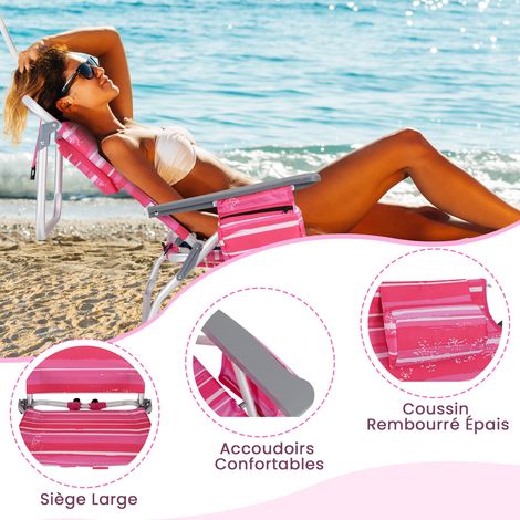 Lot de 2 chaises de plage pliables rouges avec table, dossier 5 positions et appuie-tête pour plage, camping, pique-nique (1/5)