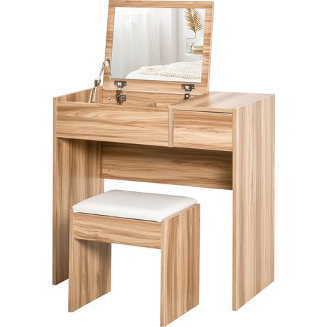 Dressing Table with Flip-Up Mirror Cushioned Stool, Makeup Vanity Desk with Hidden Compartments Storage Drawer, Convertible Writing Table for Bedroom, Natural (1/5)