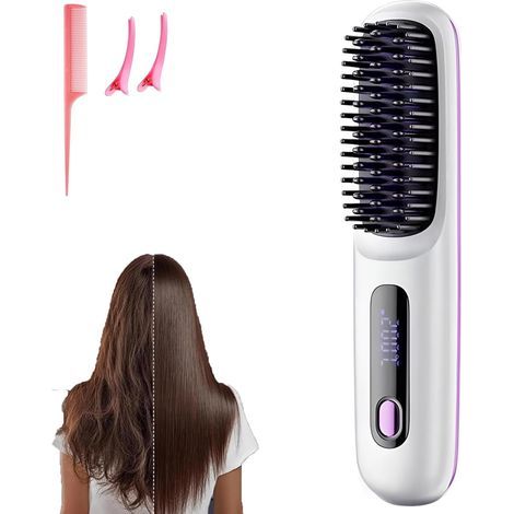 Go Brush Pro Mini brosse à lisser portable sans fil pour femme avec affichage de la température LCD, 2000 mAh, chauffage rapide et fer à lisser en céramique sans fil (WH) (1/5)