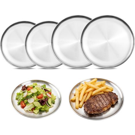 Lot de 4 assiettes rondes en acier inoxydable - Diamètre 20/30 cm - Pour barbecue, viande, riz, camping, pique-nique, cuisine, fête (1/5)