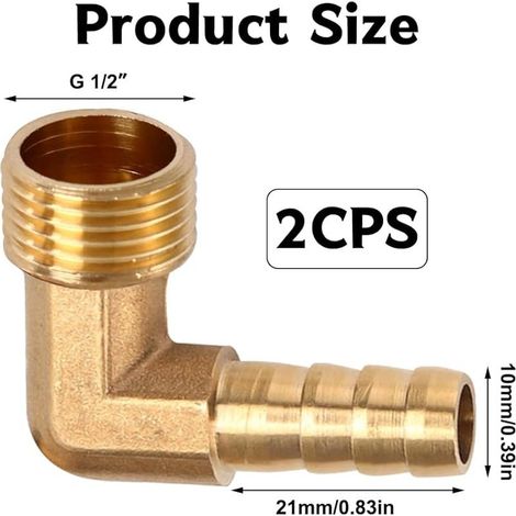 Set mit 2 Messing-90°-Winkel-Schlauchverbindern – 1/2"-Außengewinde auf 10-mm-Schlauchanschluss – Geeignet für Trinkwasser – Sanitärarmaturen – Gartenschlauchzubehör (1/4)