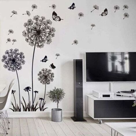 Stickers muraux FLEURS DE PISSENLIT noir (150x114cm) I papillon plantes branche arbre I autocollant sticker mural pour salon cha (1/4)