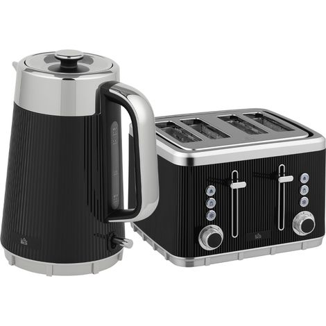 Electric Stainless Steel Kettle and Toaster Set, 3000W 1.7L UK Strix Thermostat Fast Boil Kettle w/ Limescale Filter, Cool Touch Body, 4 Slice Toaster with 7 Browning Levels, Crumb Tray, Black