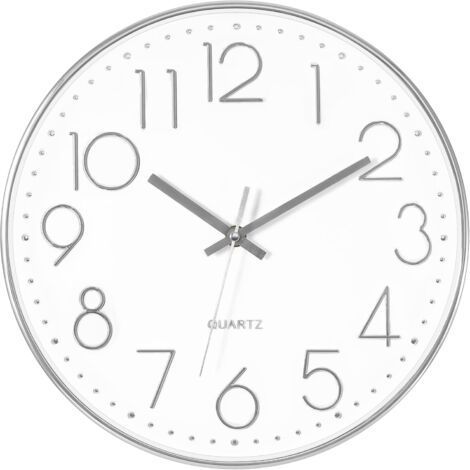 Horloge murale argentée, silencieuse, sans tic-tac, fonctionne à piles, ronde et moderne, pour bureau, école, décoration de la maison, 12 pouces