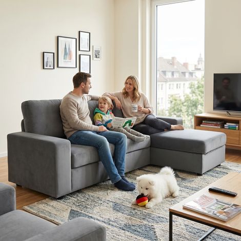 FX-P60EU-GY (SOFA 5180-40) - Canapé avec rangement, Grand canapé d'angle avec 4 compartiments de rangement, Canapé familial, Ensemble de salon confortable avec pouf, Design moderne (1/5)