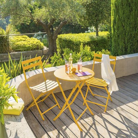Table de jardin pliante ronde Greensboro moutarde 2 places en acier traité époxy - Hespéride