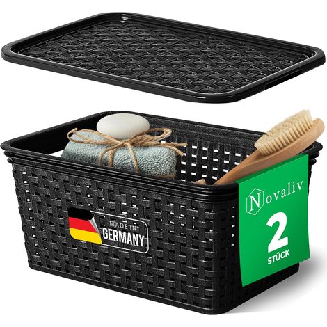 Novaliv lot de 2 paniers de rangement élégants avec couvercles aspect rotin Plastique alimentaire noir 5L Parfait pour la salle de bain et le