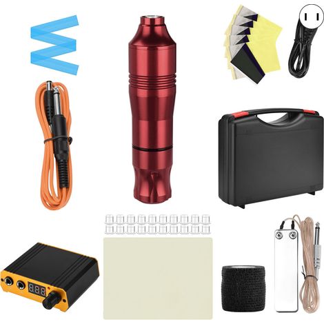 Kit de machine à tatouer rotatif professionnel DC, set complet rouge noir doré avec connecteur, tension 100‑230V, prise US (1/5)