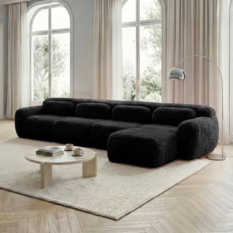 Lot de 4 canapés, en tissu, 4 places, noir, pour chambre, modulaire, tissu moelleux, salon, coussins, chaise longue, sans assemblage