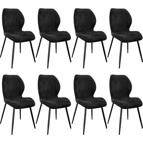 Lot de 8 Chaises salle à manger,Pieds en métal et revêtement en à Motif Diamant,avec Coussin en éponge de lin-Noir.