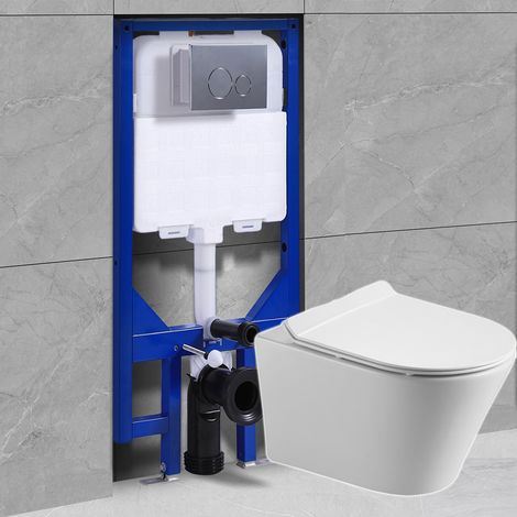 Pack Bati-support HOROW + WC sans bride Superspin chasse d'eau monotrou, fixations invisibles + Abattant softclose + Plaque blanche (1/5)