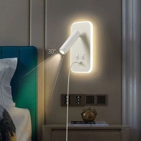 Applique a LED, lampada da lettura da comodino con interruttore, porta di ricarica USB, illuminazione ambientale regolabile per camera da letto (3W luce naturale + 9W luce calda) Bianca (1/4)