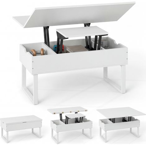 Table Basse à Plateau Relevable, Table 3-en-1 Convertible avec 3 Compartiments de Rangement Cachés, pour Salon, Bureau, Blanc (1/5)