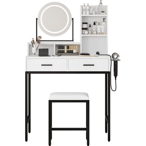 Modern Vanity with 360° LED Mirror, 2 Drawers, 5 Shelves, Stool, USB/Plug, 138x80x40cm, Platinum