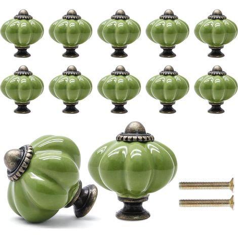 Pomelli a zucca verde salvia confezione da 12 in ceramica per armadietti retrò, cassettiere vintage, pomelli per cassetti per tavolo da trucco confezione da 12 verde confezione da 8 (1/5)