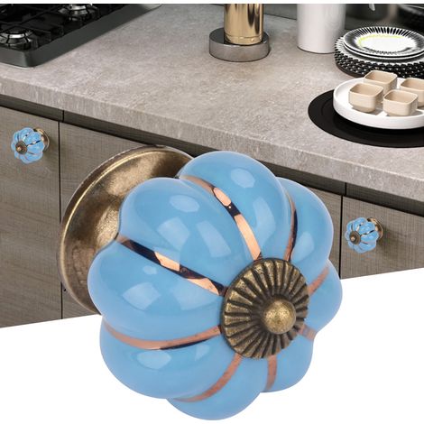 Boutons de porte en céramique en forme de citrouille, poignées de style européen pour meubles de chambre, armoires et tiroirs (bleu) (1/5)