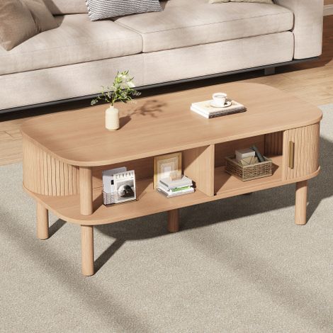 Table basse 110 x 55 x 45 cm - porte coulissante rainurée - rangement ouvert - MDF et bois - bois clair (1/5)