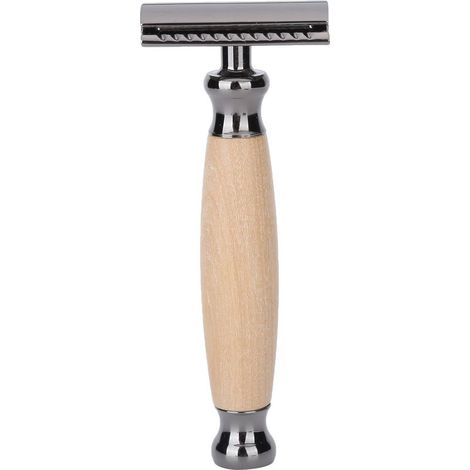 Rasoir de rasage homme manche bois double lame interchangeable coupe barbe corps noir portable (1/5)