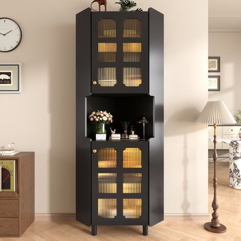 Armario esquinero LED (63.5x157.5 cm), con 2 armarios cerrados y estante abierto, MDF negro lacado (1/5)