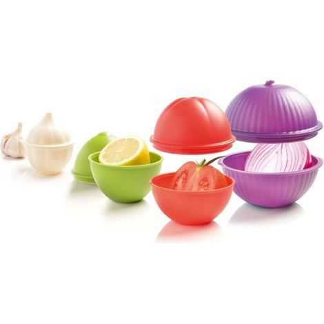 MASTRAD - Boîtes de conservation légumes - Lot de 4 Formes: Ail, Oignon, Citron, Tomate - Emboîtables - Lave Vaisselle - F91354, Vert (1/5)