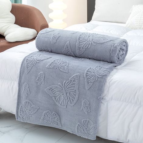 (bleu-gris, 120 x 200 cm)Couverture de sieste en taffetas uni à motif papillon, écharpe de bureau, couverture polaire corail jacquard épaisse, couette en peluche (1/5)