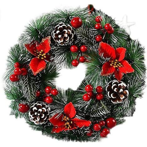 1 Couronne de Noël, décoration artificielle avec pommes de pin, guirlande en PVC enneigée, pour porte et intérieur (1/5)